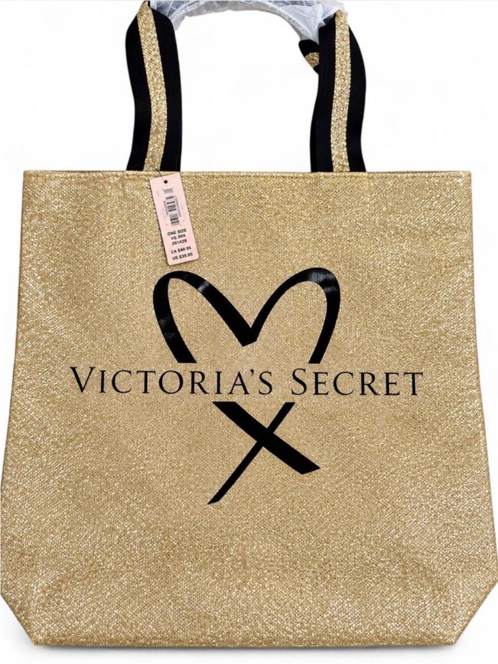 Victoria's Secret Gold Glitter Tote with Black Logo and Handles